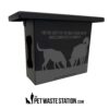 Black pet waste station box with silhouettes of two dogs and the message, "For the safety of the dogs, please pick up waste completely & promptly." The Pet Waste Station logo and website are below.
