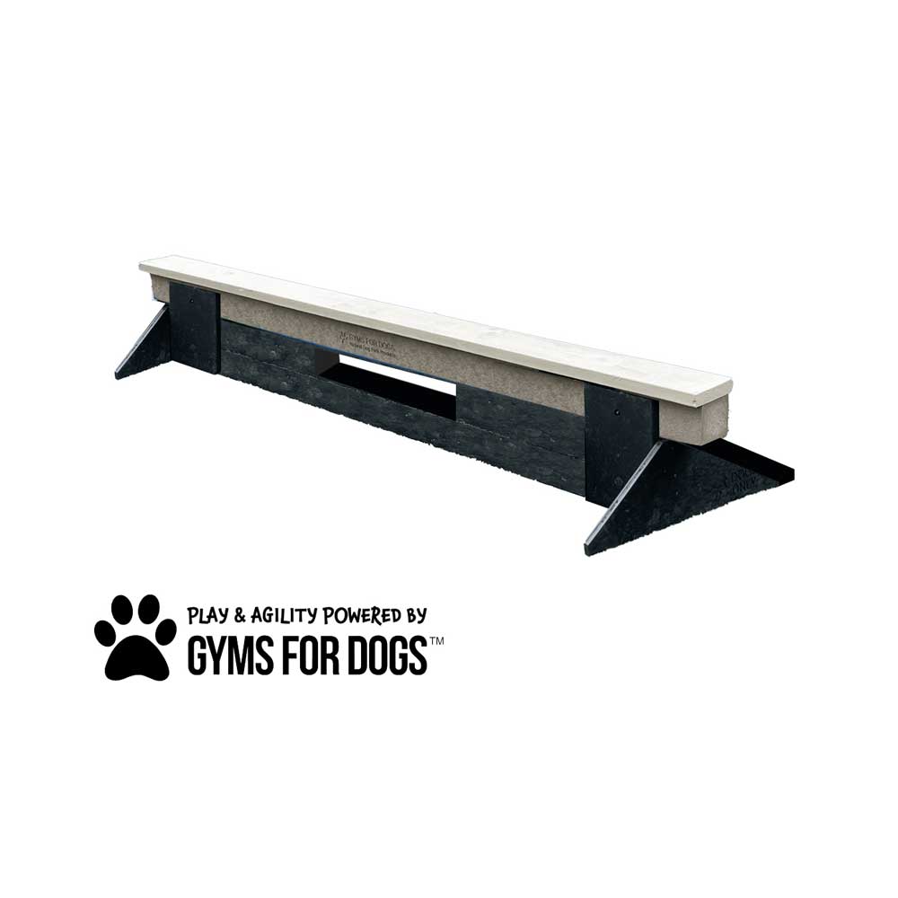 A dog agility balance beam with sturdy black supports and a light-colored walking surface. The logo "Play & Agility Powered by Gyms For Dogs" with a paw print is displayed next to the beam.