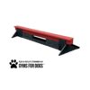 A red and black dog agility balance beam with triangular supports at each end. The product is branded with "Gyms For Dogs" and a paw print logo.