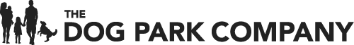 Logo for The Dog Park Company featuring silhouettes of two adults, two children, and a dog standing together, with the company name in bold black letters to the right.
