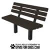 A dark brown bench with a backrest, supported by two black metal legs. Below the bench is the text: "Play & Agility Powered by GymsForDogs.com" with a paw print icon.