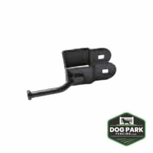 Latch Gravity Keyed Locking - Double Sided: Black metal DVR latch fence bracket with two mounting holes and attached arm; Dog Park Fencing logo in the lower right corner.