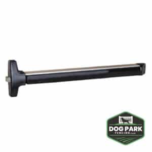 The Panic Bar & Mounting Plate is a black metal gate accessory, displayed horizontally on a white background with the Dog Park Fencing logo in the lower right corner.