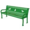 A green metal bench with white silhouettes of three different dogs on the backrest.