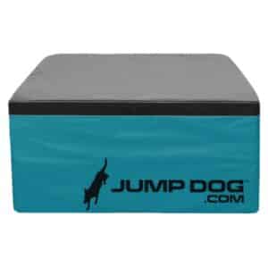 The Jump Training Agility 18" Cushion Platform is a blue and black rectangular foam box featuring the "JUMP DOG.COM" logo and a jumping dog silhouette printed on the side.
