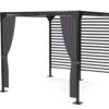A modern outdoor pergola with a slatted roof and side, four sturdy square legs, and dark gray curtains tied back on two corners, creating a shaded, open-air structure.
