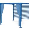 A blue metal pergola with horizontal slatted sides and two light blue curtains tied back at the front corners. The pergola has an open top and stands on four posts.
