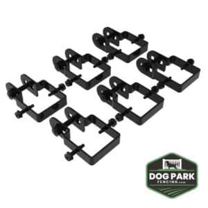 Six black metal Fence Bracket Panel To Post - Corner, End, T Fastener brackets with bolts are arranged in two rows on a white background. The green and black "Dog Park Fencing.com" logo is visible in the bottom right corner.