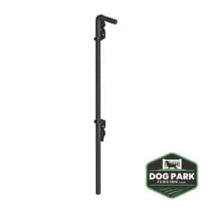 Drop Pin for Service Gate in black metal, shown vertically with a top handle. The Dog Park Fencing logo is visible in the bottom right corner.