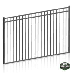 The DVR Fence Panel 5' Tall - Doggie Safe Spacing features black vertical bars with a decorative horizontal bar near the top. The Dog Park and Recreation logo is in the bottom right corner, displayed on a white background.