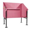 A pink, textured plastic dog grooming tub with black adjustable legs, a silver faucet on the left side, and high side and back panels for splash protection, set against a white background.