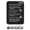 The Dog Park Rules Sign (36" W x 42" H) is black with white text/icons outlining rules: supervise pets, pick up waste, fill holes, and leash misbehaving dogs. Bottom reads: "Play & Agility Powered by GymsForDogs.com.