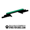 The Jump Balance Beam, a green dog agility beam on black supports, ideal for any dog park, is featured above "PLAY & AGILITY POWERED BY GYMS FOR DOGS.COM" with a paw print icon.