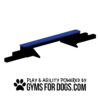 The Jump Balance Beam, a blue dog agility beam with black supports, ideal for any Dog Park, is shown above the text "Play & Agility Powered by GymsForDogs.com" and a paw print graphic.