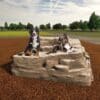 Two dogs, one large and one medium-sized, sit on the Rocky Mountain Climb at a dog park, surrounded by woodchip ground and trees in the background.
