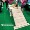 A golden retriever lies on top of a wooden dog agility ramp while people stand nearby. The text on the image reads, "Play & agility powered by GYMS FOR DOGS.COM." The scene is set on green artificial turf.