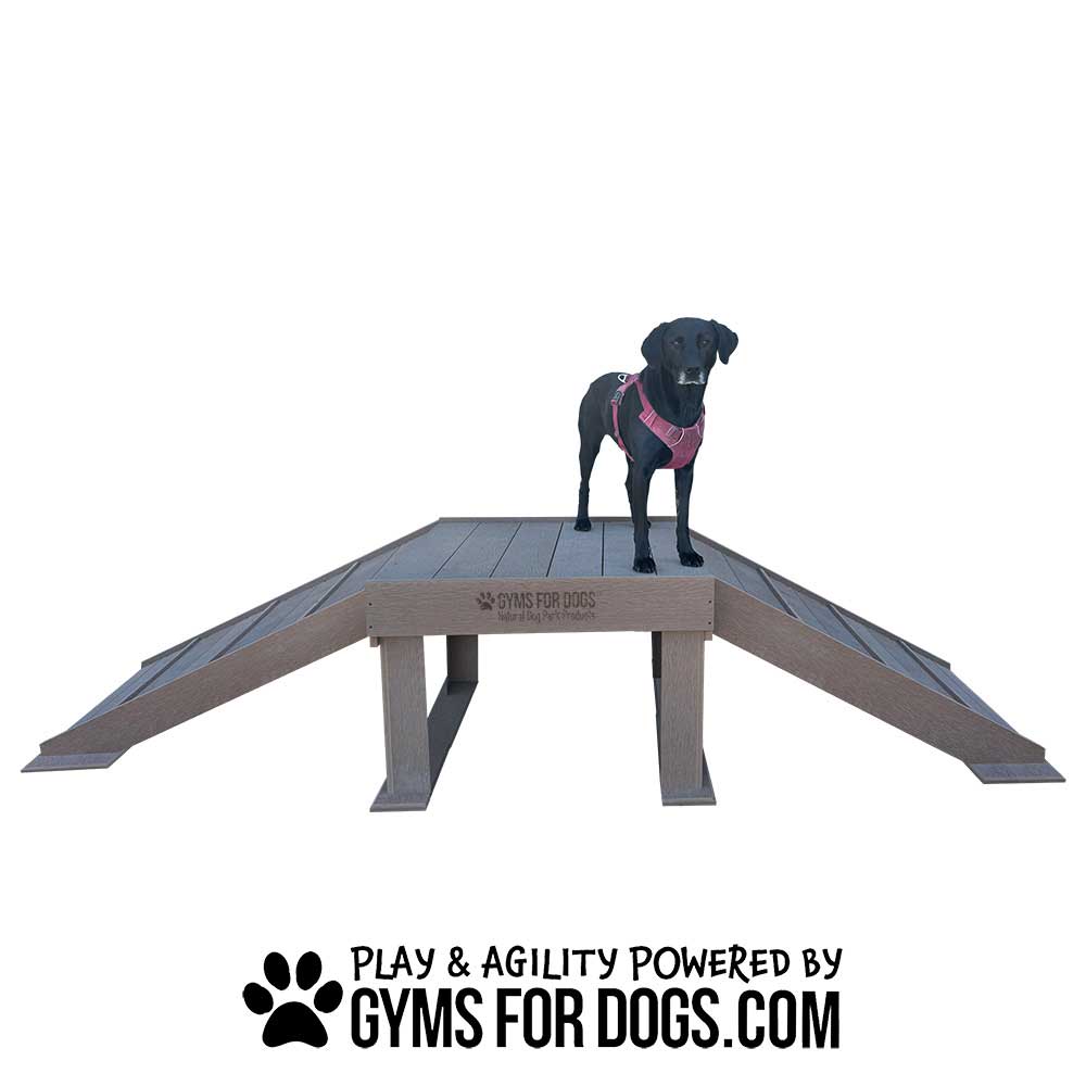 A black dog wearing a pink harness stands on a brown wooden agility ramp with four sloped sides. Below, text reads: "Play & Agility Powered by GymsForDogs.com" with a paw print icon.