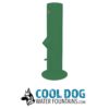 A green cylindrical outdoor water fountain with a spout, standing on a round base, above the "Cool Dog Water Fountains.com" logo featuring a dog's head illustration.