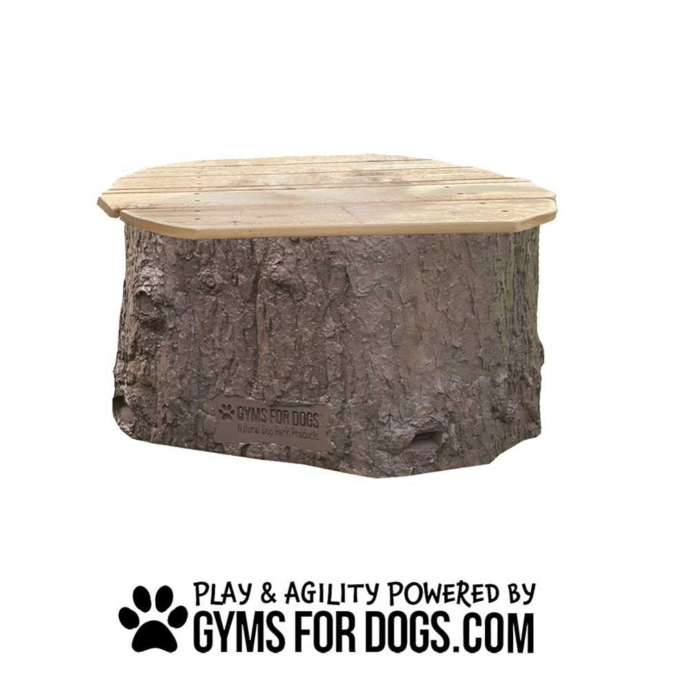 A small dog agility platform called the Natural Jumping Stump features a wooden top shaped like a tree stump. Below, text reads "Play & Agility Powered by GymsForDogs.com" with a paw print graphic.