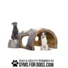 A black dog sits on a faux rock next to a brown and tan agility tunnel, while a white and black dog sits in front. Text below reads, "Play & agility powered by GymsForDogs.com" with a paw print icon.