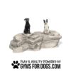 Two dogs, one black and one white with black spots, sit on large gray artificial rocks. Text below reads, "Play & Agility Powered by GymsForDogs.com" with a paw print icon.