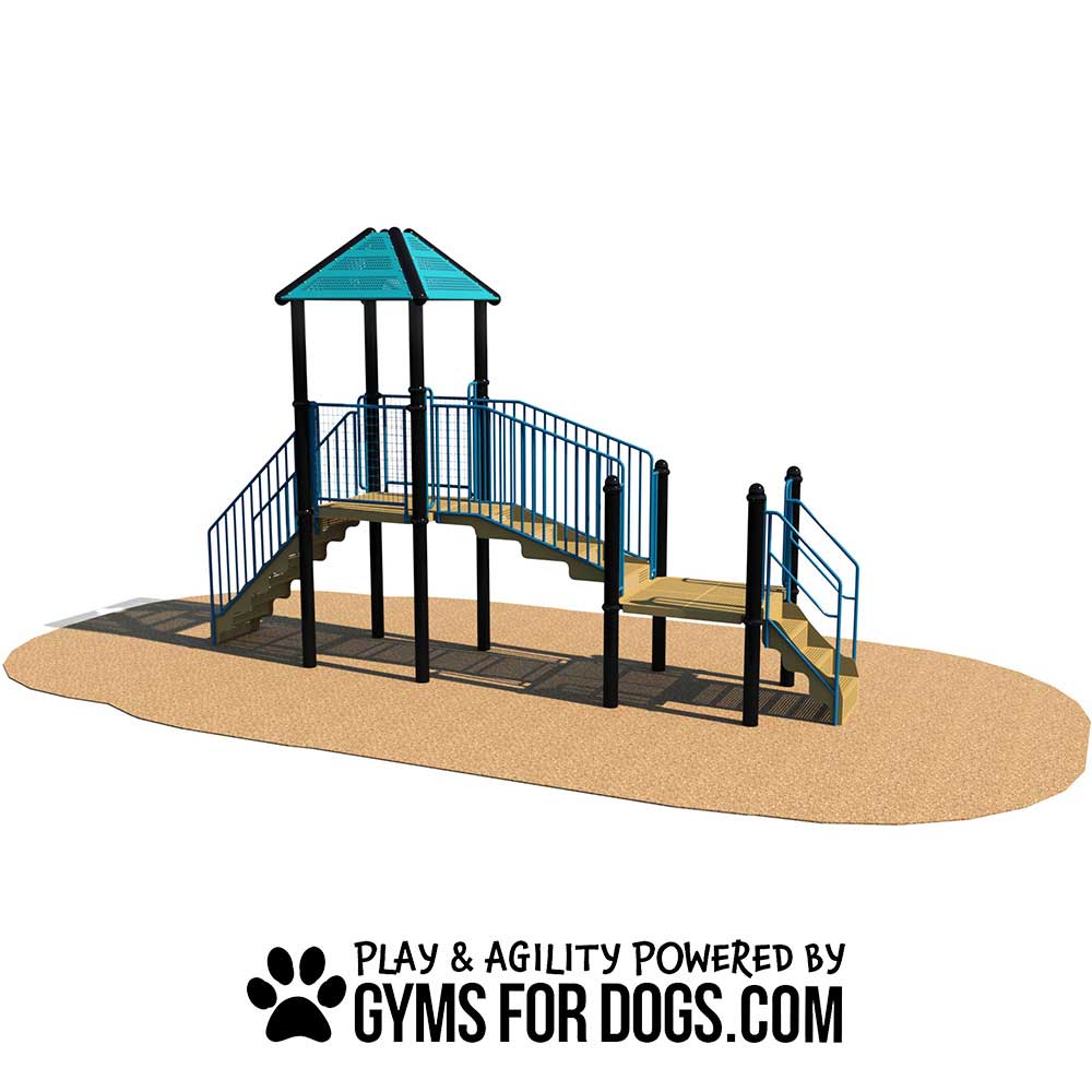 A dog playground structure with ramps and stairs, a blue roof, and safety rails, set on a tan ground surface. Text at the bottom reads "Play & Agility Powered by GymsForDogs.com" with a paw print icon.