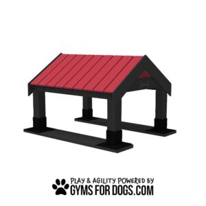 A sturdy black and red dog agility structure resembling a small house, designed for play and exercise, with the text "Play & Agility Powered by GymsForDogs.com" below the image.