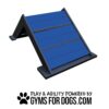A blue and black A-frame dog agility ramp. Below the ramp are the words: "Play & agility powered by GymsForDogs.com" with a black paw print icon.