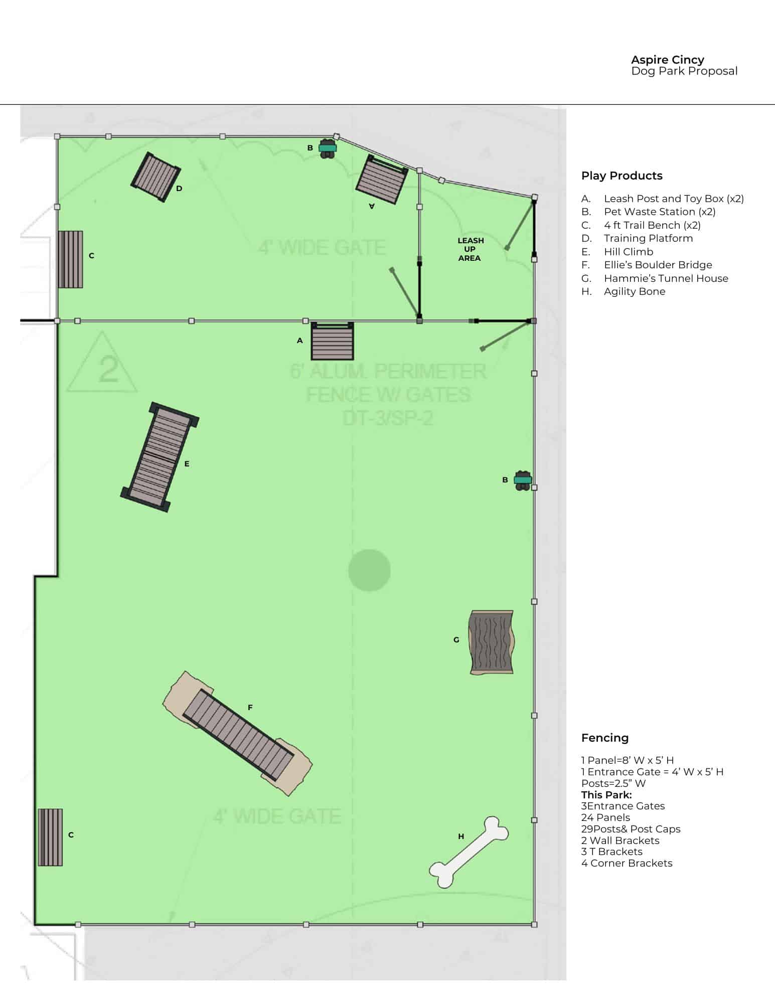 A site plan for Aspire Cincy Dog Park shows play equipment, benches, gates, and fenced areas. The Dog Park layout includes labeled sections for dog activities, a leash and pet waste area, and a large grassy play zone.