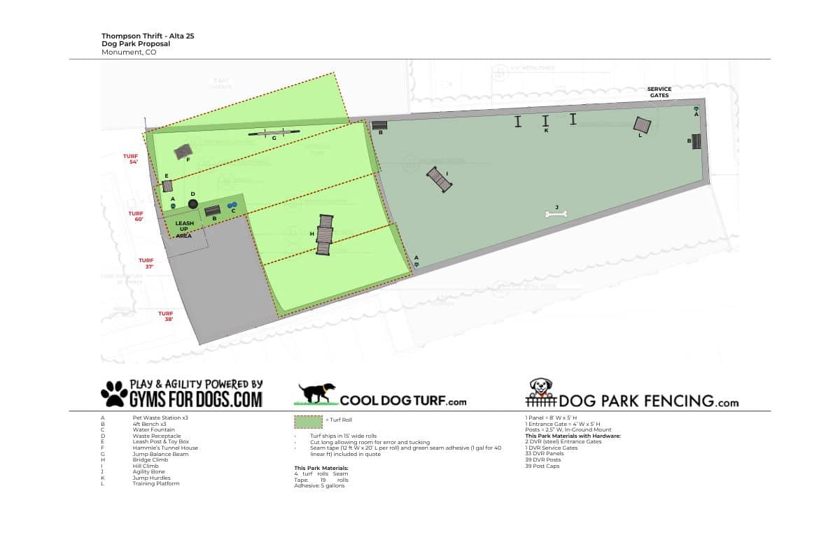 A site plan for a proposed Dog Park in Monument, CO, shows two fenced play areas, benches, shade structures, parking spaces, and entry gates. Logos for Gyms for Dogs, Cool Dog Turf, and Dog Park Fencing appear at the bottom.