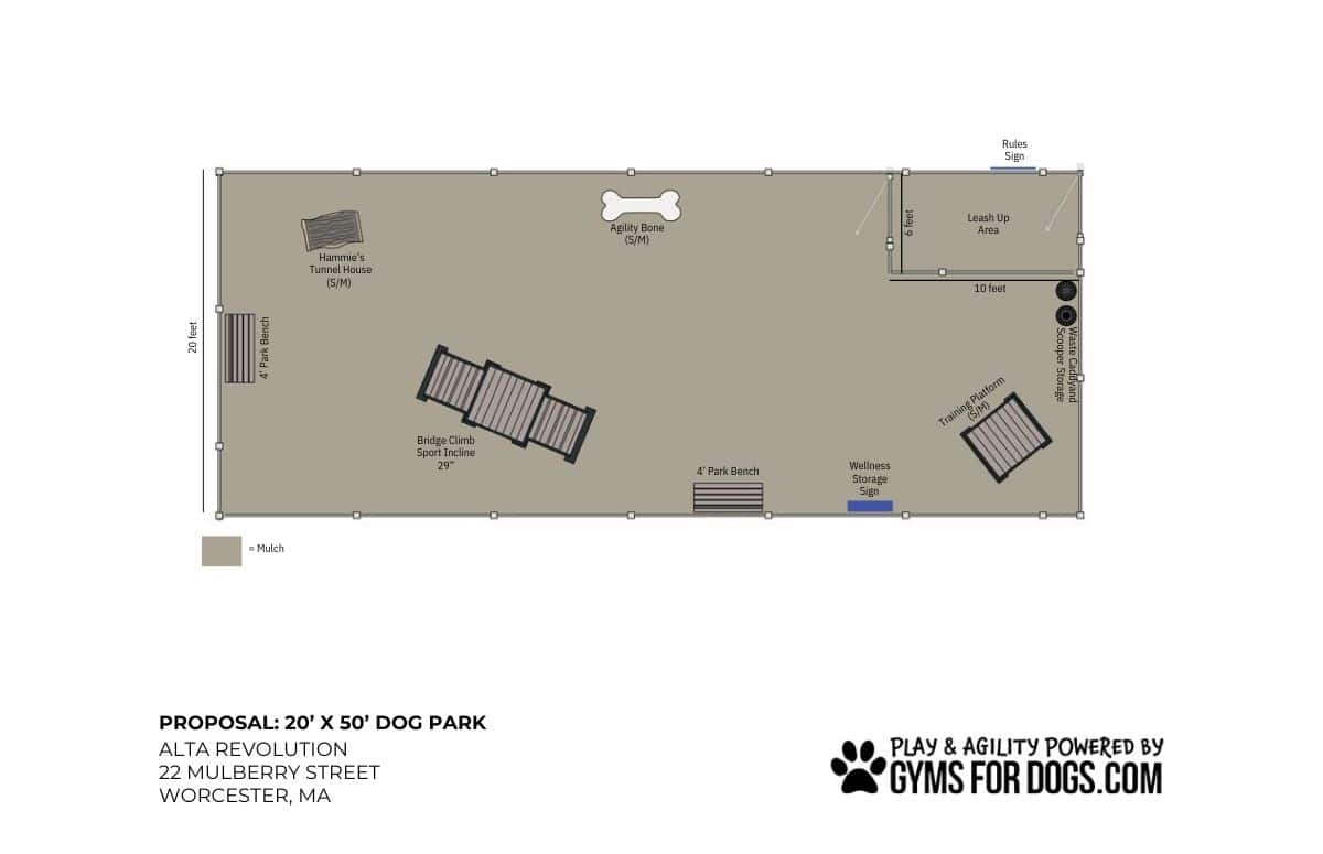 A labeled layout of a 20' x 50' Dog Park at 22 Mulberry St, Worcester, MA features ramps, benches, a bridge climb, dog fire hydrant, agility bone, leash/tidy area, and a trash can.