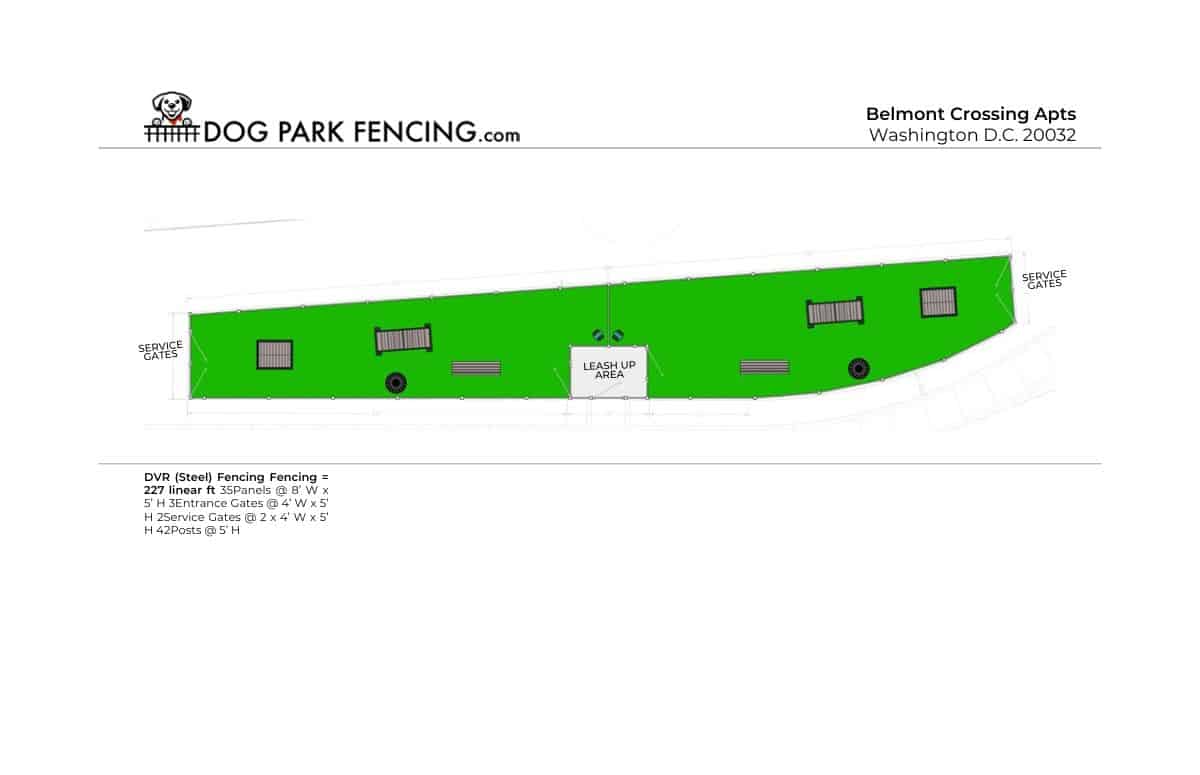 Diagram of a rectangular green Dog Park labeled 