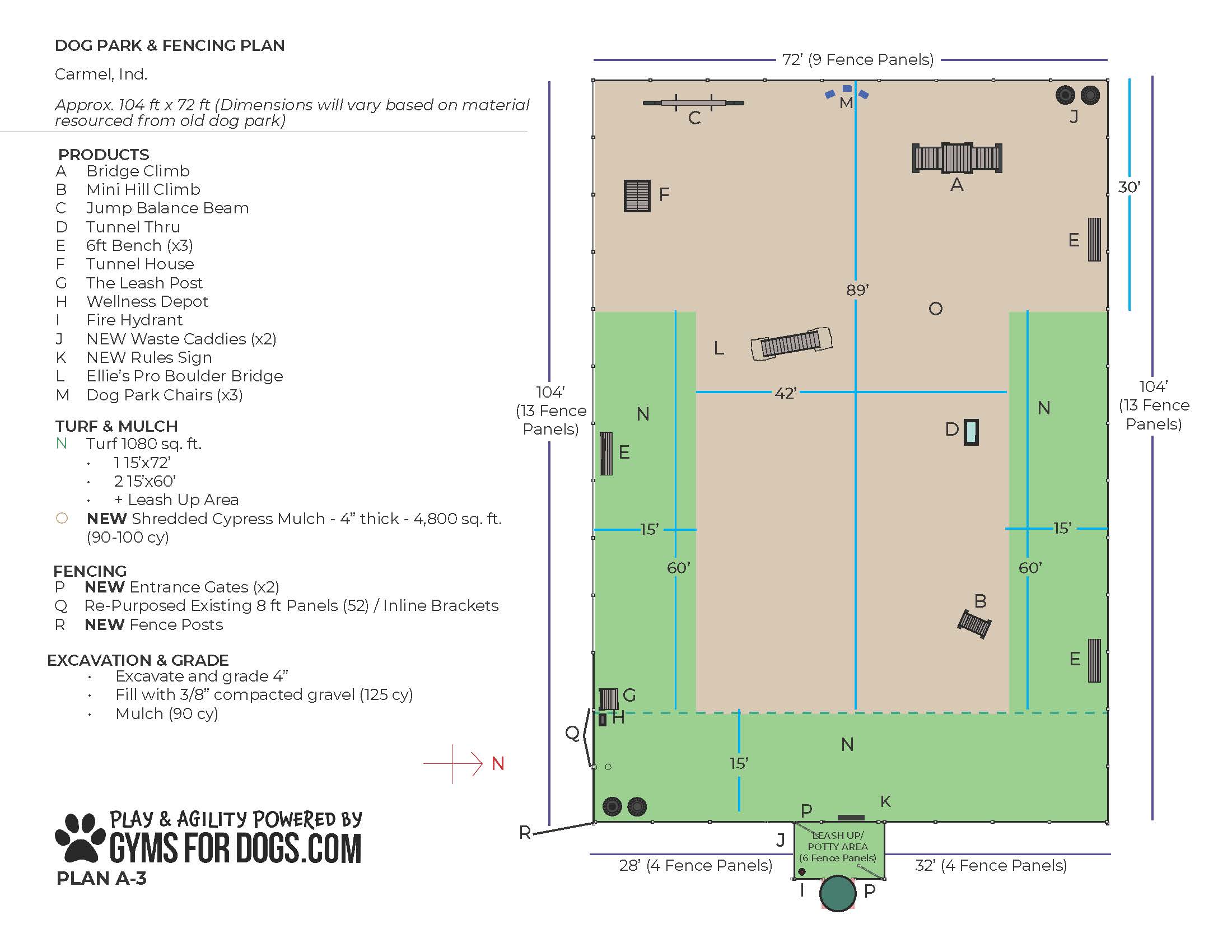 Dog park and fencing plan showing layout with agility equipment, fencing, turf, and gravel zones; includes dimensions, legend for structures, and list of features like tunnels, bridges, and benches.