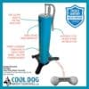 The Doggie Demand COOL DOG Portable Fresh Flow Water Fountain (SLV) is a blue, cylindrical fountain featuring an adjustable lever, handle, garden hose connector, and clean water spout. It’s portable, sanitary, easy to set up; includes logo and bone-shaped item at the base.