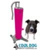 A black and white dog stands next to the Doggie Demand COOL DOG Portable Fresh Flow Water Fountain (SLV) with a metal spout, foot pedal, wheels, and garden hose hookup. Below them is the Cool Dog Water Fountains.com logo with a dog illustration.