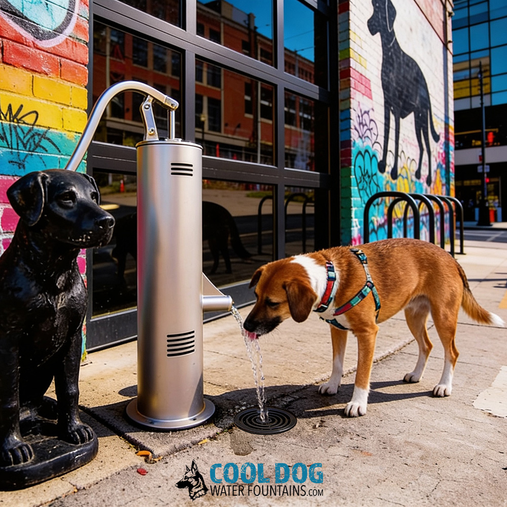 A tall, pink dog water fountain stands next to a sitting black dog. Below them is the Cool Dog Water Fountains logo featuring a dog head silhouette and blue text.