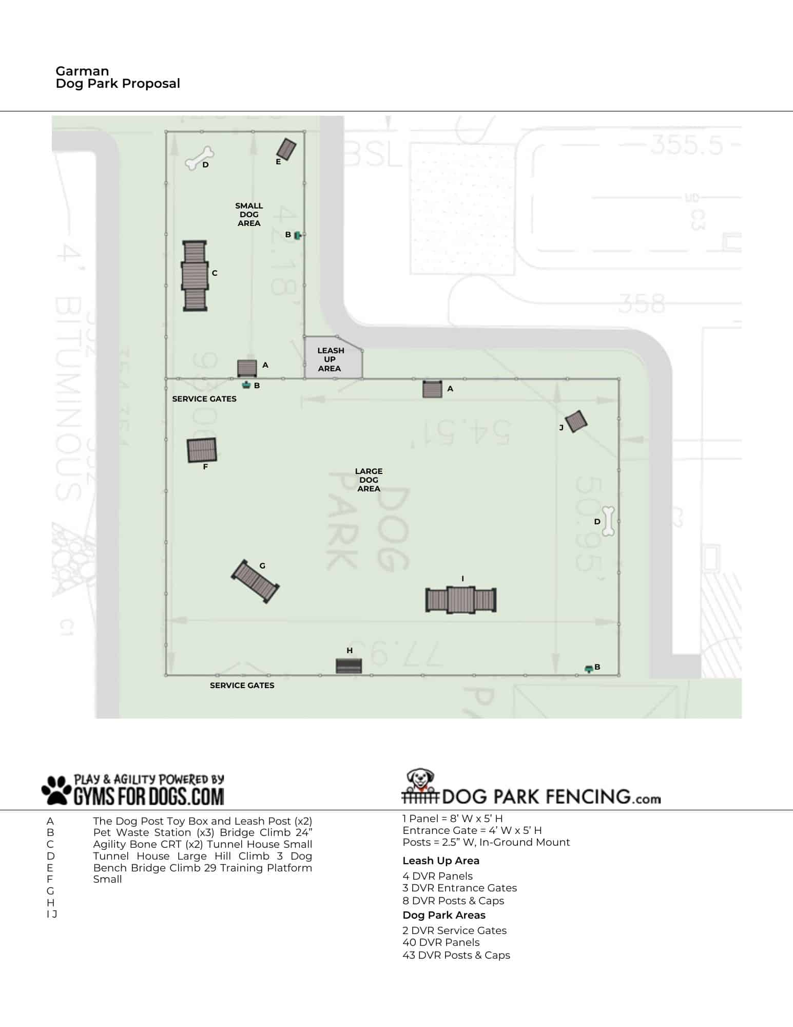 A site plan for a Dog Park proposal shows two fenced areas labeled “Large Dog Park” and “Small Dog Park,” with gates, benches, and play equipment. Paths and service gates surround the parks. A legend and sponsor logos are also included.
