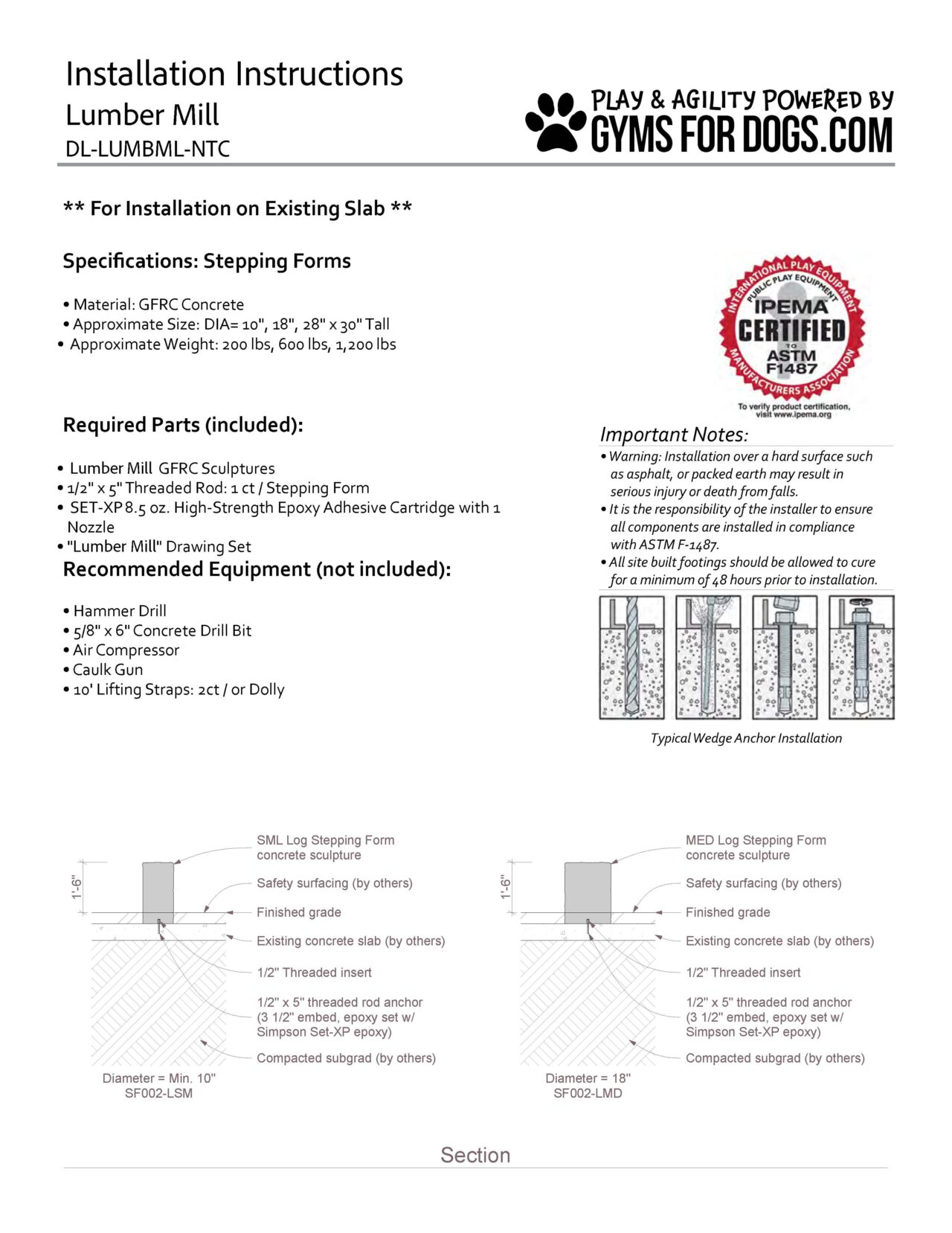 Black and white installation instructions sheet for the Lumber Mill, listing required parts, key notes, installation diagram, certification logos, and small graphics.