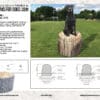 A black dog sits on a realistic, sculpted tree stump in a grassy outdoor area near agility equipment. Diagram and product details for a dog agility training sculpture are shown below.
