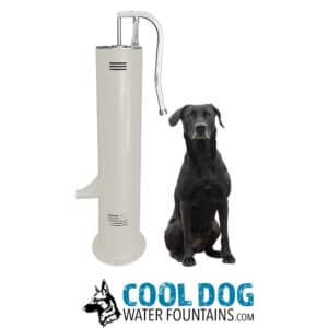 A black dog sits beside a tall, silver and white Doggie Demand Fresh Flow Portable Water Fountain Spout & Pet Hose (SLV) at a dog park. Below is the Cool Dog Water Fountains logo with a dog illustration and blue text.