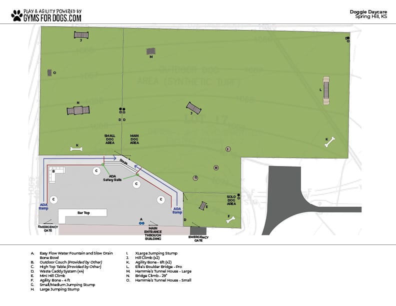 Site map of a doggie daycare outdoor play area with synthetic turf, labeled agility equipment such as jumping stumps, ramps, and a tunnel house, plus safety gates, benches, shaded area, and a bar tap near the entrance.