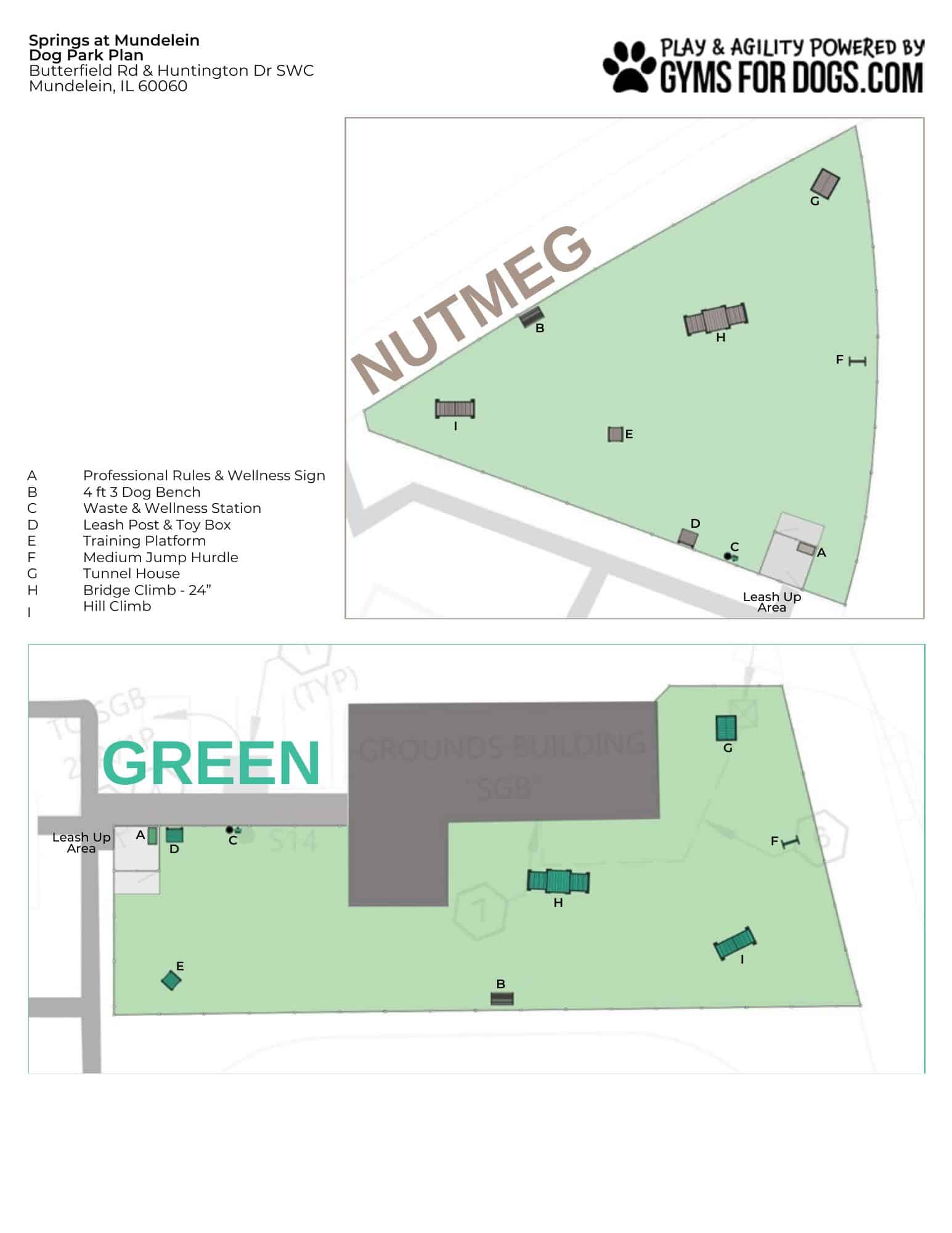 A map illustrates a Dog Park with two enclosed play areas, 