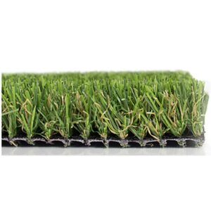 A close-up side view of a rectangular piece of artificial grass with green and brown blades attached to a black backing, shown against a plain white background.
