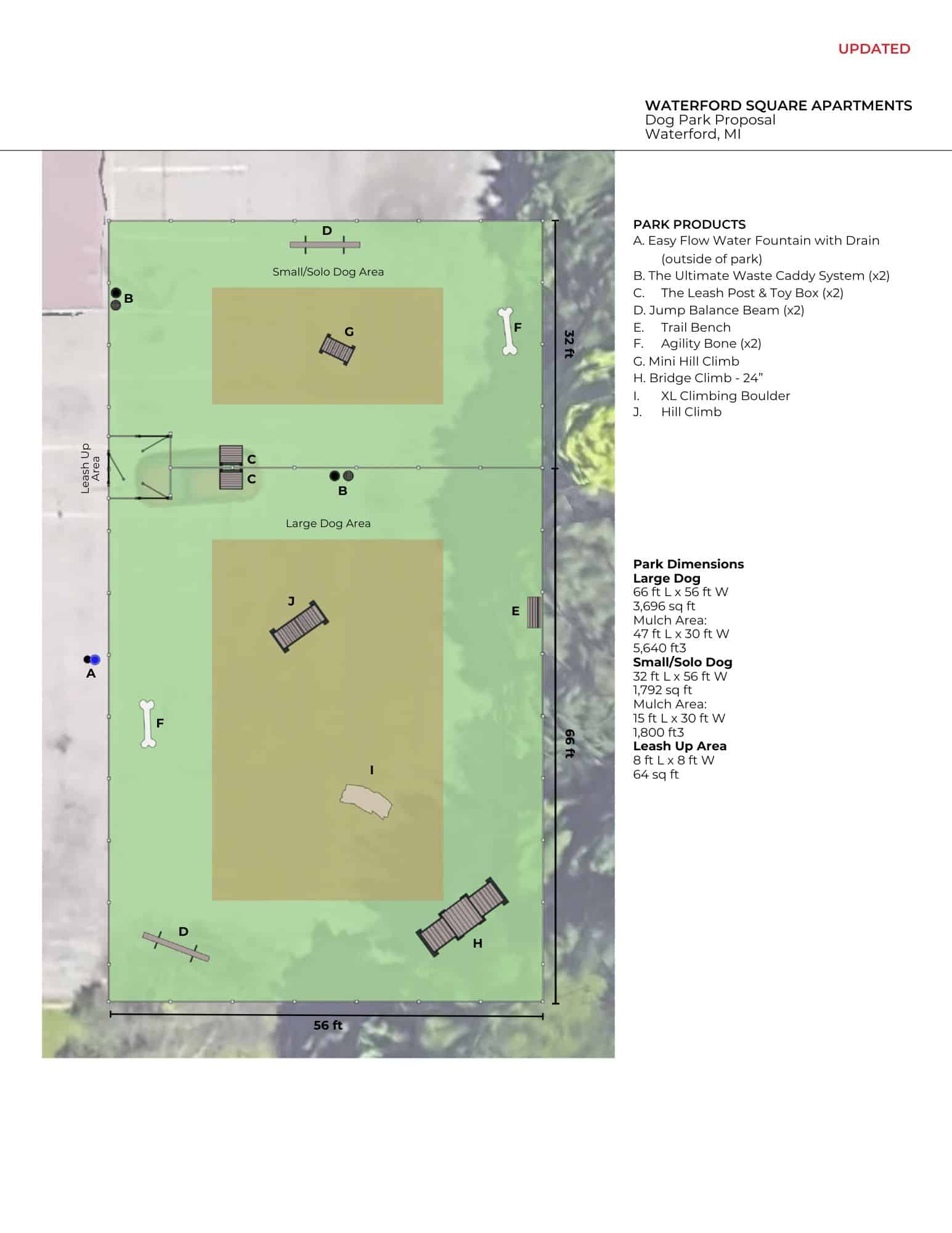 Dog Park site plan with two fenced areas: 