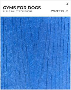 A sample card for "Gyms for Dogs" play and agility equipment in the color "Water Blue," showing a textured blue surface with wood-like grain patterns.